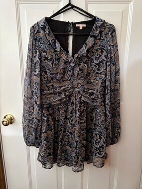 City Studio Navy Paisley Ruffled V-Neck Long Sleeve Dress